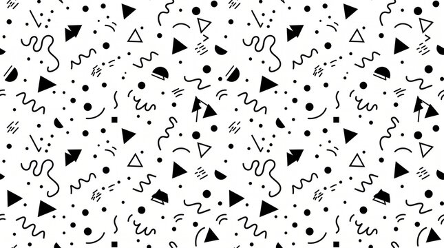 Seamless 90s retro doodle pattern with black squiggles, triangles and dots on white background