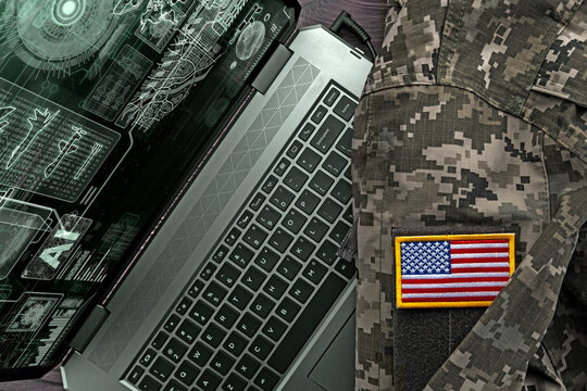 Defense technology concept featuring a military laptop with artificial intelligence analyzing battlefield information, tactical planning and digital command systems. US Army military uniform