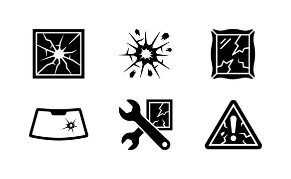 Broken Glass Damage, solid glyph icon set featuring cracked window, impact burst, broken mirror, windshield chip, warning triangle, repair wrench, covering glass damage, accident, repair service,