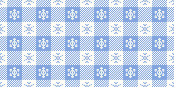 Blue winter blanket seamless pattern with snowflakes. Geometric checkerboard background. Christmas print for textile, fabric and wrapping paper. Cozy Scandinavian holiday. Vector illustration