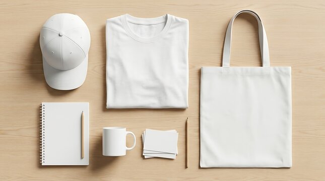 Blank white clothing and office stationery mockup on wooden table