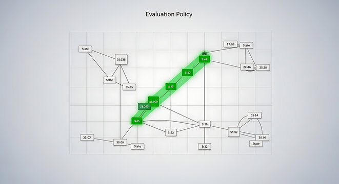 A network graph diagram illustrating an evaluation policy with connected nodes on a grid background with diagram displays interconnected