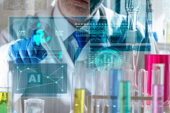 Professor in a laboratory using artificial intelligence, laptop and holographic scientific interface. Digital research workflow, data visualization, academic standards and future laboratory technology