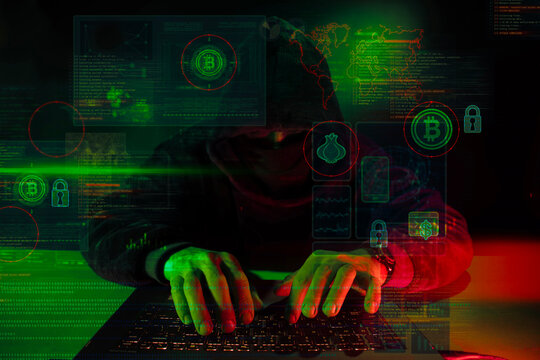 Hacker using laptop in dark web environment with cryptocurrency theft interface, blockchain symbols and hidden transaction indicators