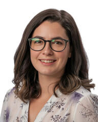 Obraz premium Smiling woman with glasses wearing a floral blouse isolated on a transparent background