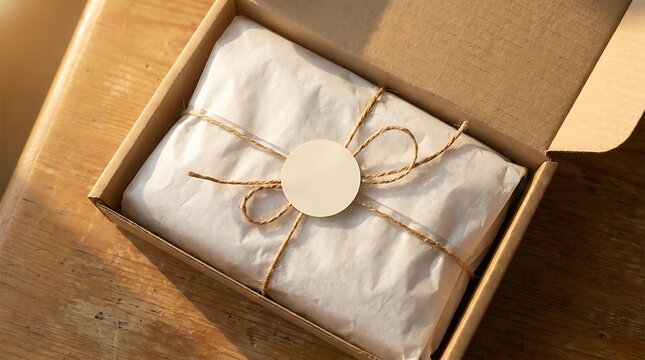 Cardboard shipping box containing a gift wrapped in white paper