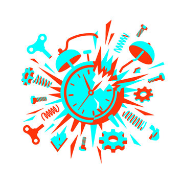 Broken alarm clock exploding with mechanical parts and gears on white background