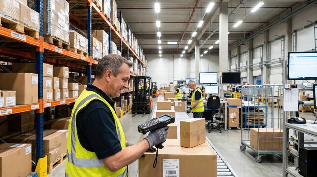 A warehouse operator in a high-visibility vest scans a cardboard package using a handheld barcode reader in a logistics distribution center.