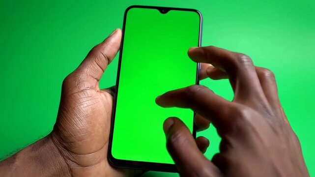 Close-up of Hands Interacting with Smartphone Mockup on Green Screen