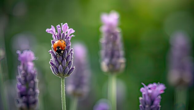 ladybug on a purple lavender flower in a sunny field macro