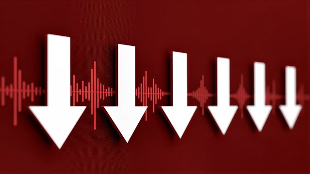White arrows descend over audio waves, symbolizing sound reduction or filtering.