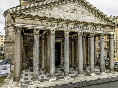 Roma, Italy - 20 May 2024: Aerial view of the Pantheon featuring its iconic portico with massive granite columns and the historic inscription on the pediment.