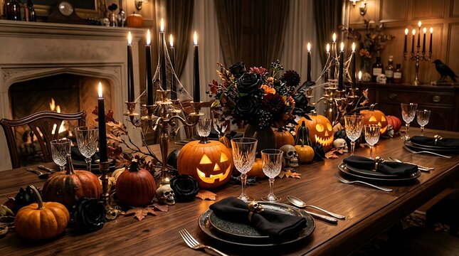 A sophisticated Halloween dinner table is elegantly set, featuring glowing jack-o'-lanterns, tall black candles, and rich autumnal decor.