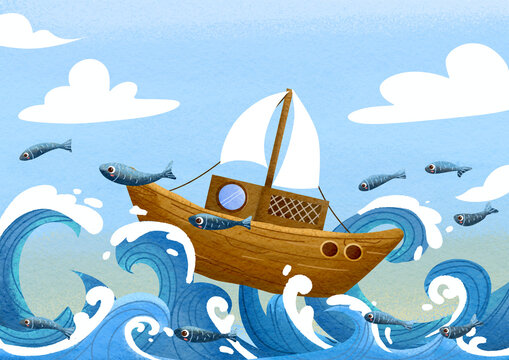 Cute hand-drawn illustration showing a sailboat gliding over rolling waves with fish leaping out of the water 