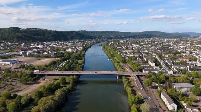 Trier cityscape, Pacelli riverbank with Konrad Adenauer Bridge crossing the Moselle river, roman city , aerial view over mosel valley, rhineland palatinate, Germany