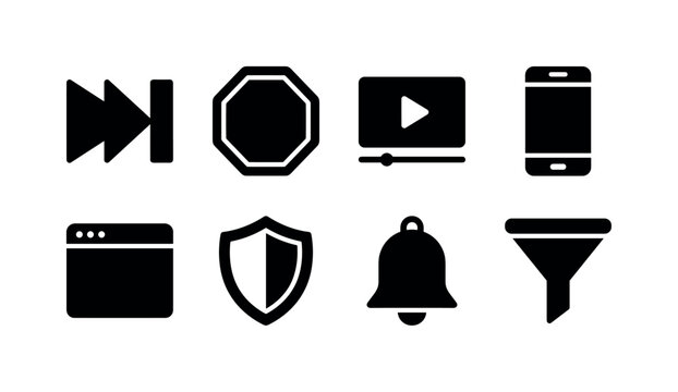 Ad Blocking Controls, solid glyph icon set featuring skip button, stop sign, video player, smartphone, browser window, shield, notification bell, filter funnel, covering skip ads, ad blocking, online