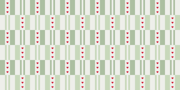 Seamless pattern of green vertical straight stripes with red hearts. Abstract modern geometric background. Trendy repeat checkerboard print for textile and fabric. Vector illustration