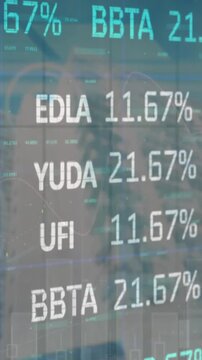 Composite video of stock market data processing against tall buildings in background