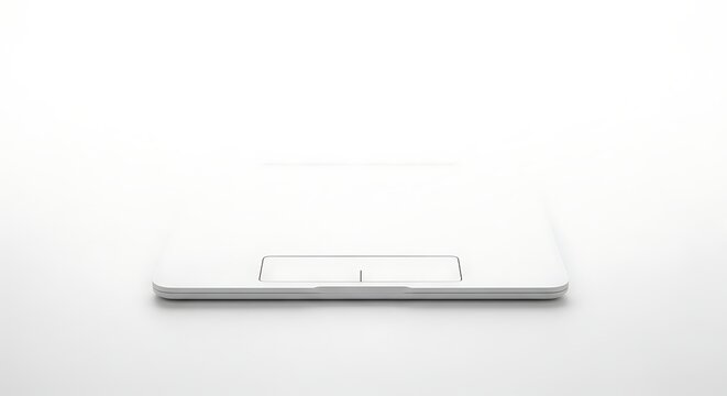 A white computer trackpad sits isolated on a plain white surface with soft focus background with integrated buttons positioned