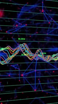 Animation of network of connections with graph and data processing on black background
