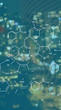 Animation of chemical formula over cityscape