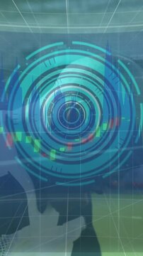 Animation of data processing and scope scanning over diverse rugby players at stadium