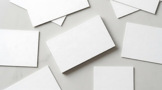 Blank white business cards arranged neatly on a smooth gray surface