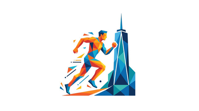 Abstract polygonal illustration of a male runner in motion.