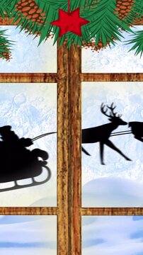 Animation of santa claus in sleigh with reindeer seen through window