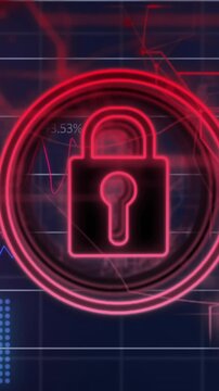 Animation of security padlock icon and statistical data processing against blue background
