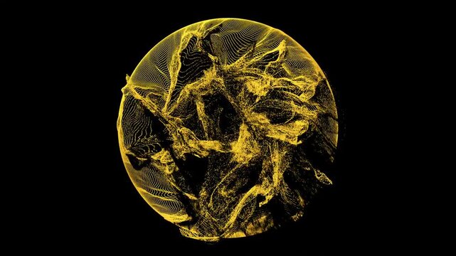 Circular Particle Vortex Graphic.A circular outline on black background, filled with wavy lines and particle noise, fragmented textures radiate from center.