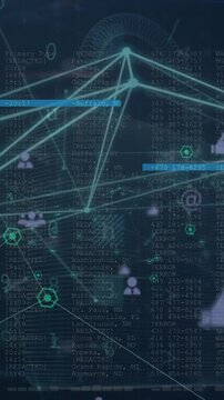 Animation of network of connections and digital icons against cyber security data processing