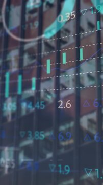 Animation of stock market data processing against tall building