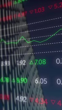 Animation of stock market data processing against low angle view of a tall building