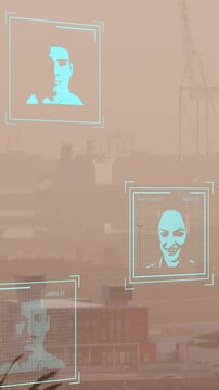 Animation of biometric photos and data processing over cityscape