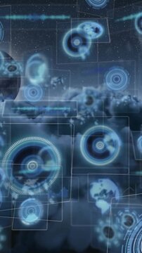 Animation of data processing over sky with clouds and moon
