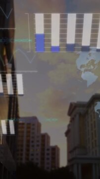 Animation of financial data processing over cityscape