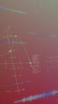 Animation of data processing and mathematical equations floating against purple gradient background