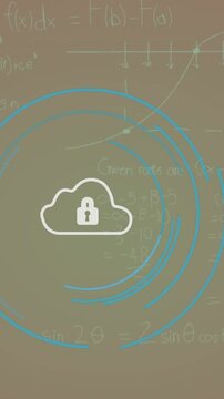 Animation of security padlock icon and mathematical equations against purple gradient background