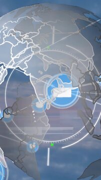 Animation of scope scanning over network of digital icons and spinning globe against blue sky