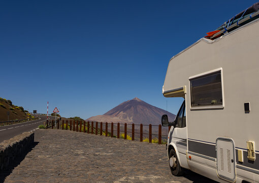 Motorhome parked admiring mount teide volcano landscape