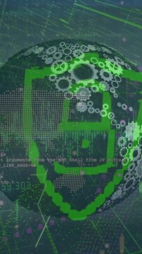 Animation of security padlock icon over spinning globe, world map and data processing