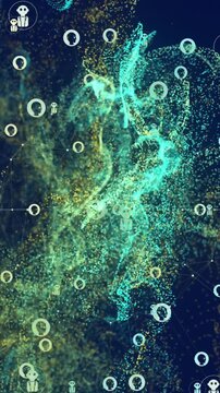 Animation of icons over dynamic wave pattern against black background