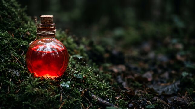 A glowing magical red potion bottle resting on mossy ground in a dark mystical forest