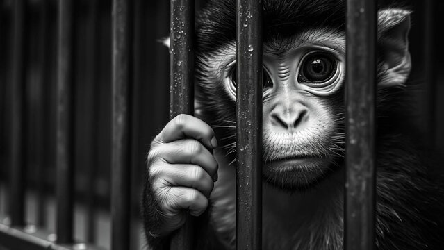 Sad Monkey Behind Metal Cage Bars Black And White Portrait