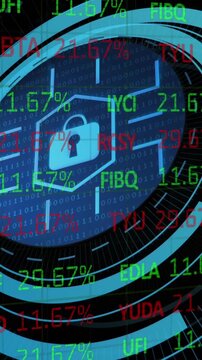 Animation of stock market data processing over security padlock on round scanner