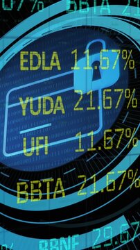 Animation of stock market data processing over security padlock on round scanner