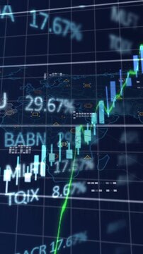 Animation of financial and stock market data processing over world map against blue background