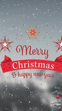 Animation of merry christmas, happy new year text, snowfall on decorated christmas tree over clouds