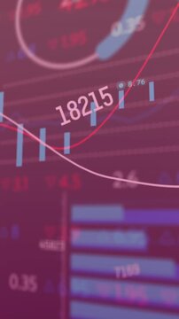 Animation of changing numbers, multiple graphs and trading board over black background
